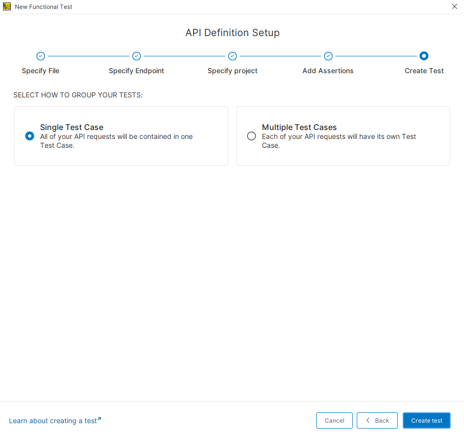 Choose Test Case Structure API Definition Setup dialog showing options to create a single test case or multiple test cases.