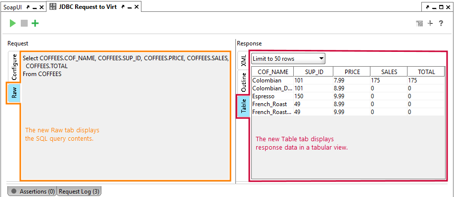 New panels in the JDBC Request editor