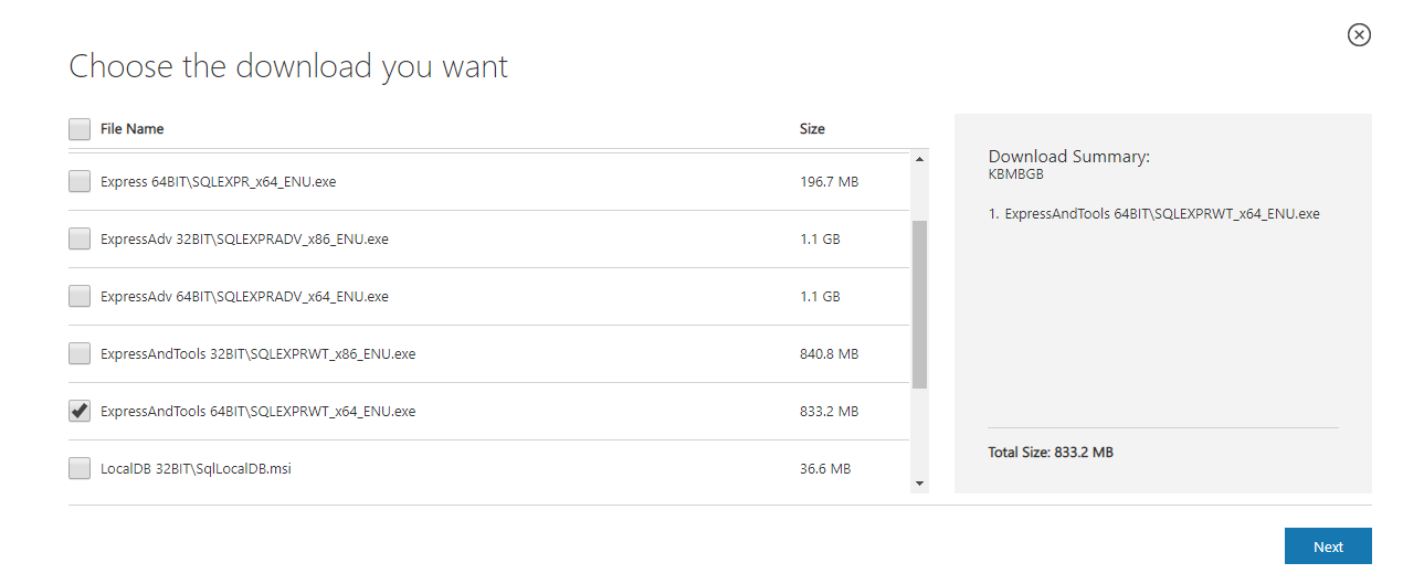 MS SQL Express: choose the download