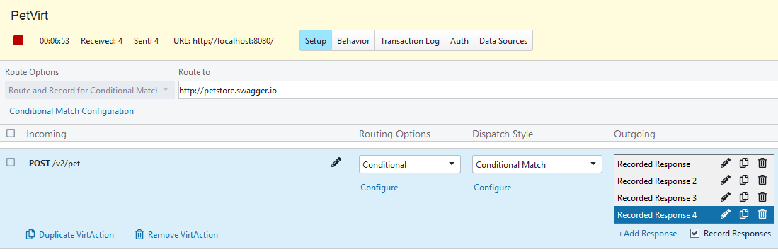 Service editor showing multiple recorded requests added to an existing virtual operation for the same resource