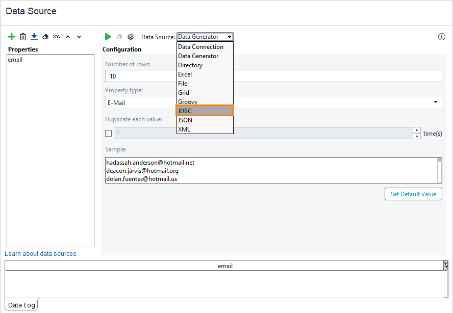 ReadyAPI: Selecting the type of the data source