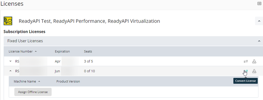Screenshot of the SmartBear Licensing Portal showing subscription licenses for ReadyAPI Test, Performance, and Virtualization with details on license numbers, expiration dates, seats, and options to assign or convert licenses.