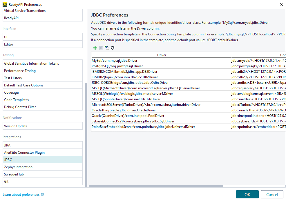 ReadyAPI: JDBC Drivers settings ReadyAPI: JDBC Drivers settings