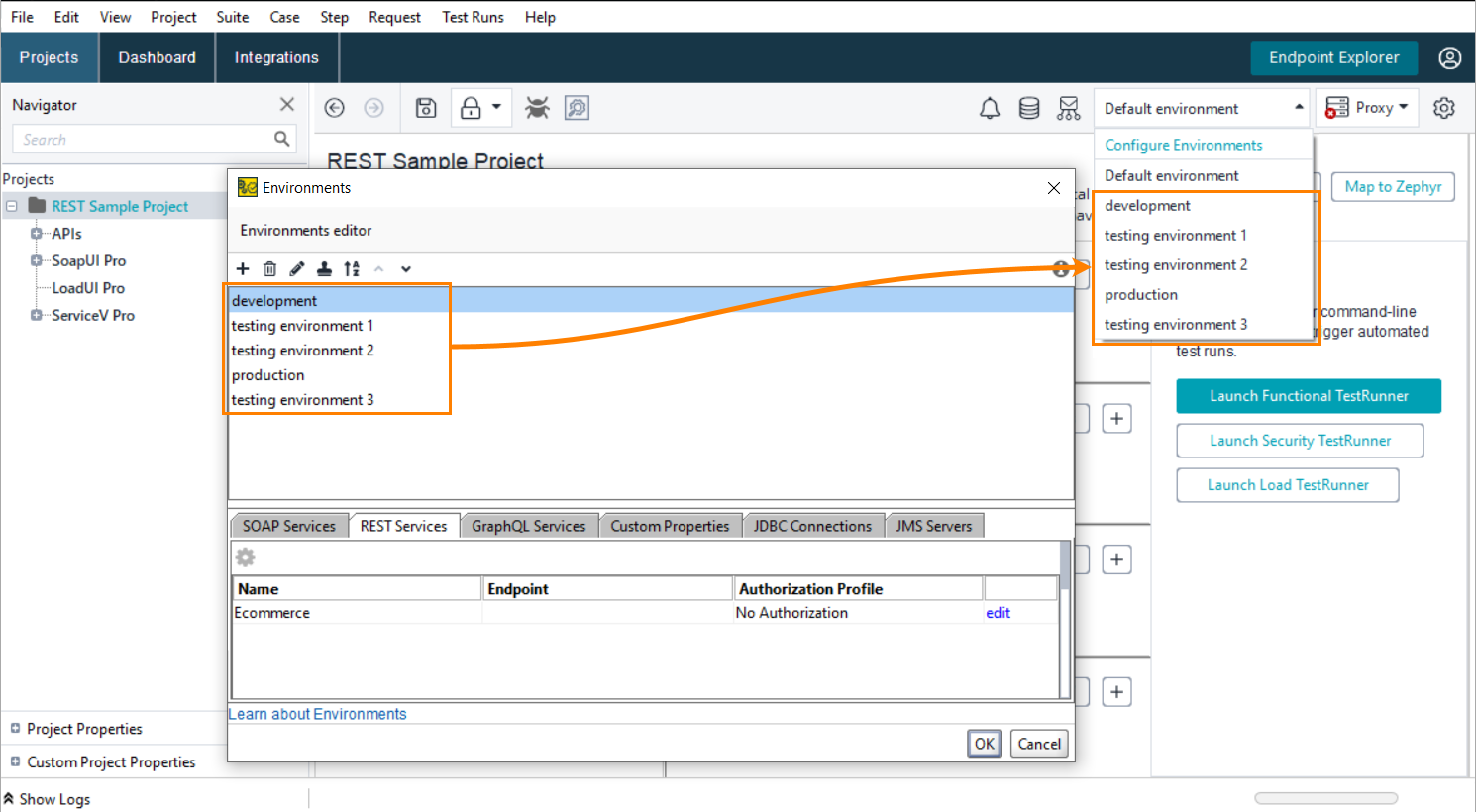 Testing in ReadyAPI: Ordering environments