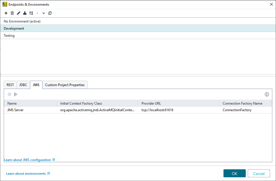 ReadyAPI: The JMS tab of the Environments editor