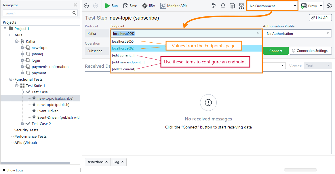 Testing Kafka APIs in ReadyAPI: Set endpoins without environments