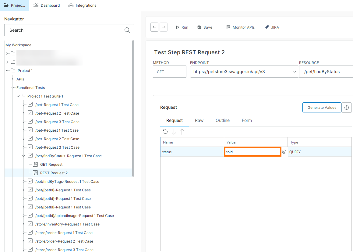 Edit request parameter value for REST Request 2 in ReadyAPI Request editor showing the status parameter set to sold for REST Request 2.