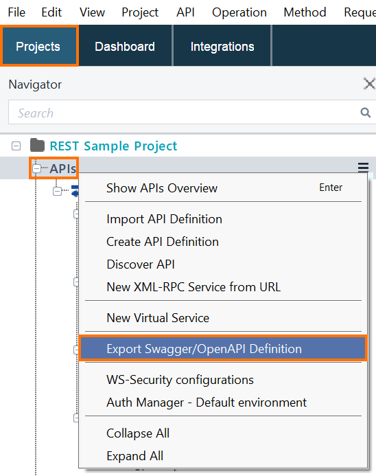 Right-click menu showing the Export Swagger/OpenAPI Definition option for an API in the Navigator panel