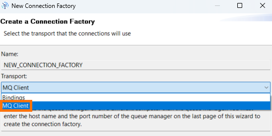 Transport settings dialog in IBM MQ Explorer with Transport drop-down set to MQ Client