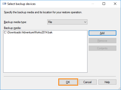 SQL Server Management Studio: Select backup devices dialog