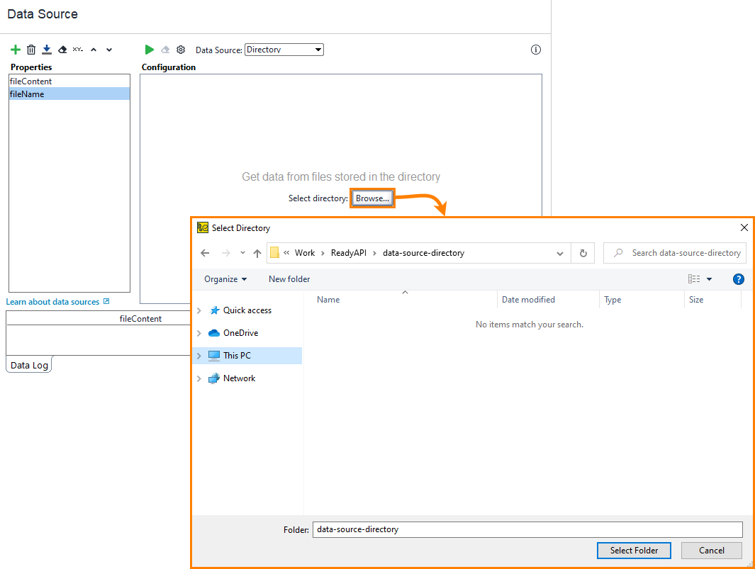 Directory data source example: Select the target directory Directory data source example: Select the target directory