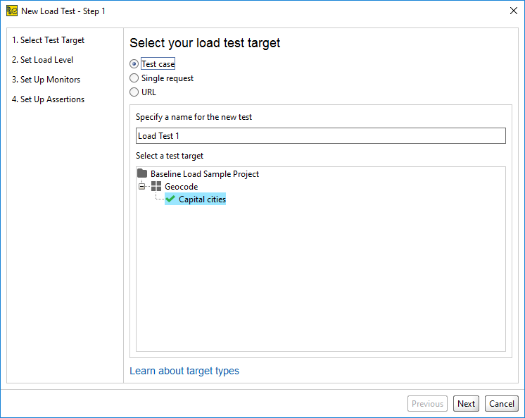 API load testing with ReadyAPI: Creating a load test from Template: Select Test Target