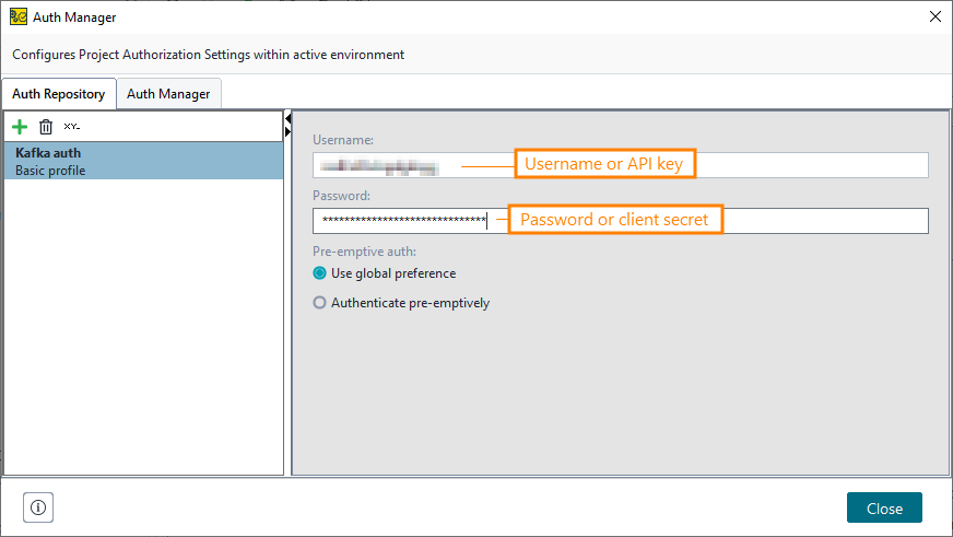 Authentication to Kafka: Enter API key and secret