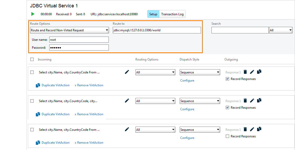 JDBC virtual service settings