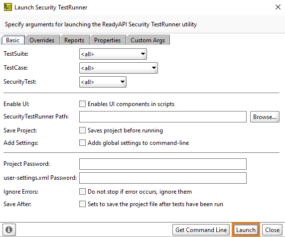 ReadyAPI: Command Line Runner dialog