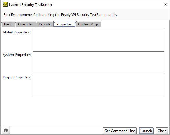 ReadyAPI: Command Line Runner Properties tab