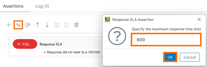 Edit Response SLA assertion value ReadyAPI interface showing a failed Response SLA assertion and the dialog to update the maximum response time value.