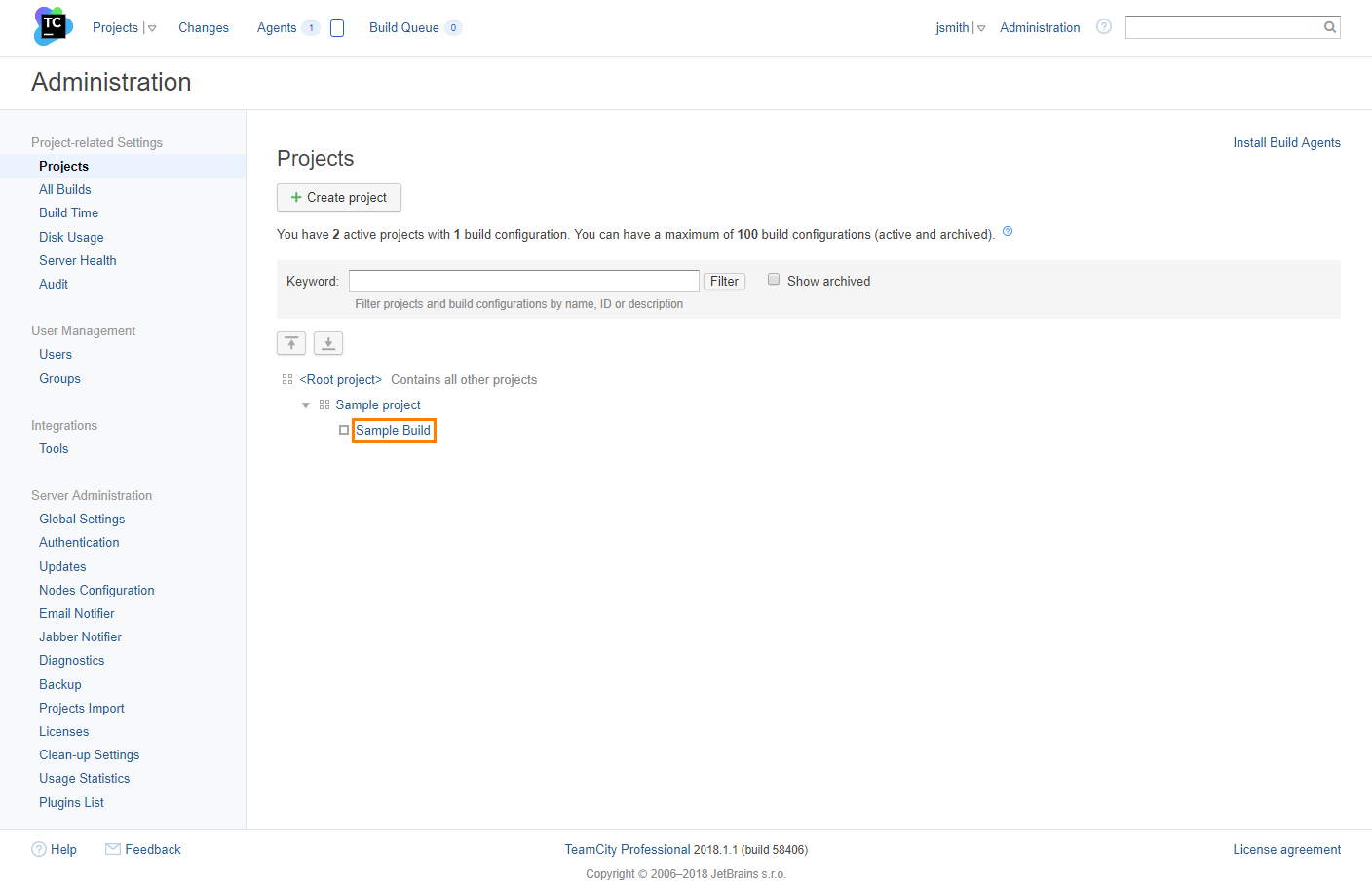 TeamCity: The Projects screen with the project expanded
